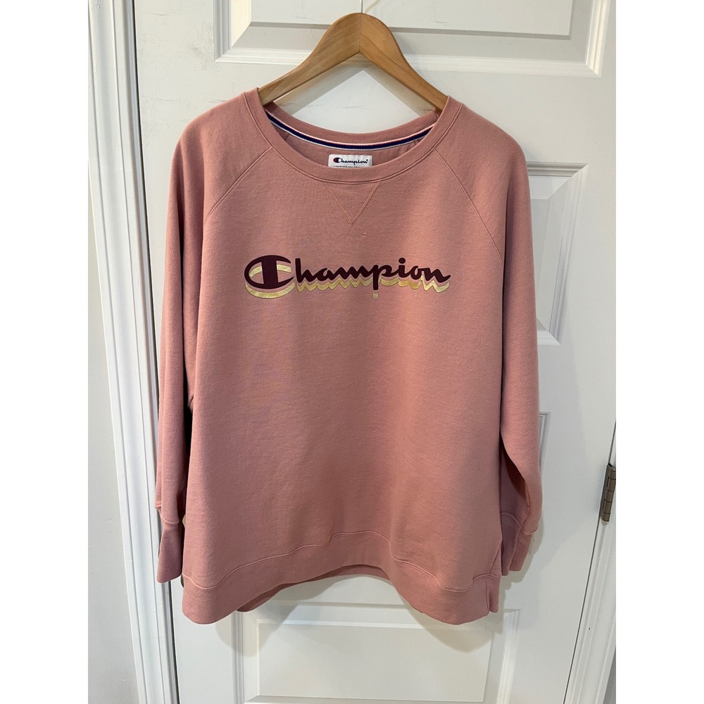 Champion Womens 3X Sweatshirt Pink Raglan Sleeve‎ Graphic Logo Pullover AW968H
